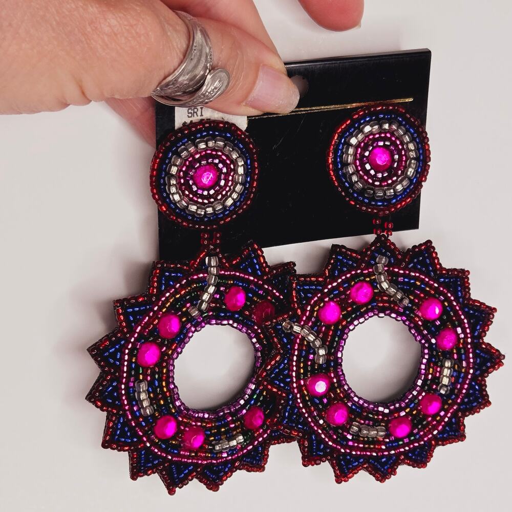 Vintage 80s bead and rhinestone clip-on earrings star hoops 3 1/2 inch pink blue